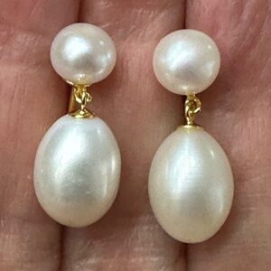 7.3mm & 9.3mm White Cultured Pearls Double Drop Earrings-14K YG Plated (925 silv